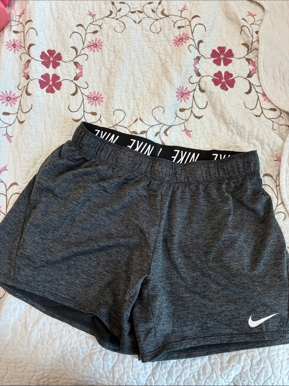 Nike Women's Charcoal Gray Athletic Shorts with White Swoosh